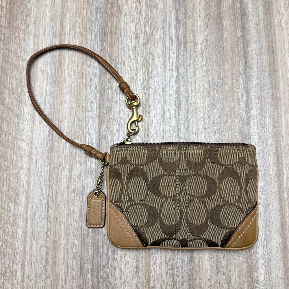 Coach Canvas Monochrome Wristlet Tan and Brown Leather Zip Closure With Hang Tag